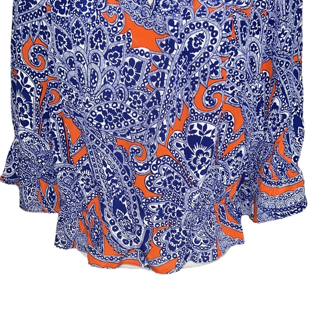 Trina Turk Silk Navy Blue & Orange Paisley Printed Cutout Ruffle Blouse - S - Picture 3 of 11